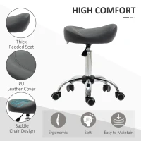 HOMCOM Saddle Stool, Height Adjustable Rolling Salon Chair with PU Leather for Massage, Spa, Clinic, Beauty and Tattoo, Grey(m-5)