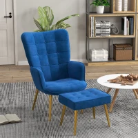 HOMCOM Modern Accent Chair with Ottoman, Upholstered Armchair with Footrest, Gold Metal Legs for Living Room, Bedroom, Dark Blue(m-8)