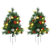 HOMCOM 2.5ft 2 Pieces Prelit Artificial Christmas Tree with LED Light Mini Xmas Tree with Small Berry Pine Needles Pinecones Decorations for Garden(m-2)