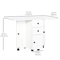 HOMCOM Foldable Dining Table, Rolling Kitchen Table with Storage Drawers and Cabinet, Drop Leaf Table on Wheels, White(m-3)