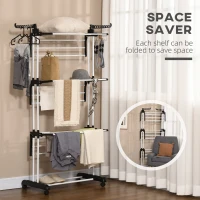 HOMCOM Foldable Clothes Drying Rack, 4-Tier Steel Laundry Rack for Drying Clothes with 2 Side Wings and 4 Castors, Indoor and Outdoor Use, Black(m-6)