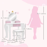 Qaba Kids Makeup Vanity Set with Stool, Mirror, Drawer, Storage Boxes, Unicorn Design, White(m-3)