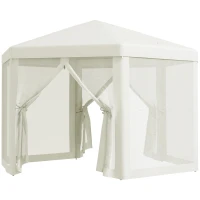 Outsunny Φ13' Hexagon Party Tent Patio Gazebo Outdoor Activity Event Canopy Quick Sun Shelter Pavilion with Netting Mesh Sidewall Cream White(m-11)