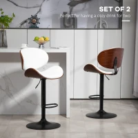 HOMCOM Bar Stools Set of 2, Modern PU Leather Adjustable Swivel Barstools with Curved Back, Footrest and Steel Base, White(m-4)