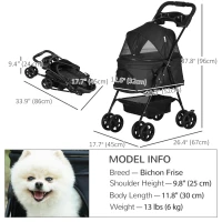 PawHut Dog Stroller Foldable Design with Storage Basket, Adjustable Canopy, Cup Holder, Safety Leashes, for Mini Dogs, Black(m-3)
