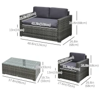 Outsunny 4 Pieces Patio Furniture Set w/ 4" Thick Cushions, PE Rattan Wicker Outdoor Sectional Sofa Set w/ Glass Top Coffee Table for Porch, Garden, Poolside, Balcony, Grey(m-3)