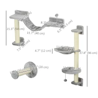 PawHut 4PCs Cat Wall Shelves with Hammock, Scratching Post, Ladder, Steps, Platforms, Toy Balls, Grey(m-3)