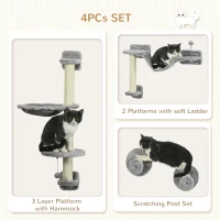 PawHut 4PCs Cat Wall Shelves with Hammock, Scratching Post, Ladder, Steps, Platforms, Toy Balls, Grey(m-5)
