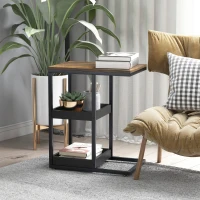 HOMCOM Side Table, C Shaped End Coffee Table, Industrial Nightstand with Storage Shelves, Metal Frame for Living Room, Bedroom, Rustic Brown(m-1)
