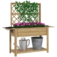 Outsunny Wood Planter with Trellis for Climbing Plants, Raised Garden Bed with Foldable Shelves, 55.1" x 17.7" x 59.4", Natural(m-11)