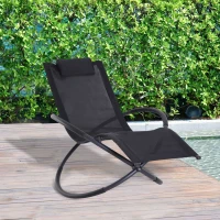 Outsunny Outdoor Rocking Lounge Chair, Foldable Zero Gravity Rocking Chair, Orbital Outdoor Patio Chaise Lounge Rocker with Mesh Seat and Pillow, Black(m-8)