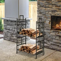 Outsunny 2-Layer Heavy Duty Firewood Rack Wood Log Fireplace Stacker  w/ 4 Tools, Black and Gold(m-8)