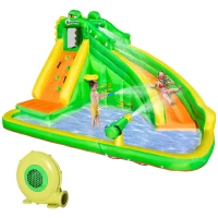 Outsunny Inflatable Water Slides, 6 in 1 Crocodile Large Bouncy House for Kids Backyard w/ Air Blower, Climbing Wall, Water Cannon, Basket(m-2)