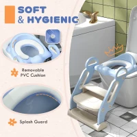 Qaba Potty Training Toilet Seat with Step Stool Ladder, Children Toilet Training Seat Chair with Soft Cushion, Handles, Non-Slip Wide Steps, Splash Guard, for Boys and Girls, Blue(m-4)