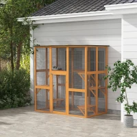 PawHut 71" x 39" x 71" Cat Cage, Large Outdoor Wooden Cat Patio with 6 Balanced Platforms and Asphalt Roof, Orange(m-8)
