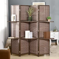 HOMCOM 4 Panel Room Divider, 6ft Tall Bamboo Folding Screen with 2 Storage Shelves for Bedroom, Office, Brown(m-1)