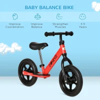 Qaba 12" Kids Balance Bike No Pedal Bicycle Adjustable Seat and Handlebar Training Toddler Bike 3 - 5 Years Red(m-6)