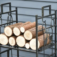 Outsunny 2-Layer Heavy Duty Firewood Rack Wood Log Fireplace Stacker  w/ 4 Tools, Black and Gold(m-9)