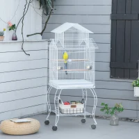 PawHut 53.9'' Large Rolling Steel Bird Cage Bird House with Detachable Rolling Stand, Storage Shelf, Wood Perch, Food Container, White(m-1)