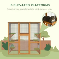 PawHut 71" x 39" x 71" Cat Cage, Large Outdoor Wooden Cat Patio with 6 Balanced Platforms and Asphalt Roof, Orange(m-6)