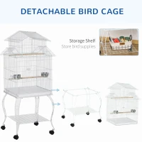 PawHut 53.9'' Large Rolling Steel Bird Cage Bird House with Detachable Rolling Stand, Storage Shelf, Wood Perch, Food Container, White(m-5)