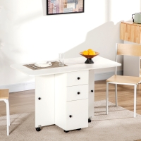 HOMCOM Foldable Dining Table, Rolling Kitchen Table with Storage Drawers and Cabinet, Drop Leaf Table on Wheels, White