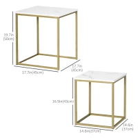 HOMCOM Square Nesting Tables Set of 2, Stacking Coffee Table Set with Faux Marbled Top and Metal Frame, Modern Coffee Table for Living Room, Bedroom, White(m-3)