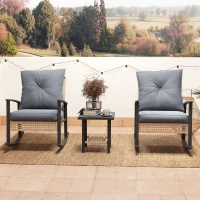 Outsunny 3 Pieces Bistro Set, Patio Wicker Furniture Set with Button Tufted Cushions, Rattan Rocking Chairs, Coffee Table, Gray(m-8)