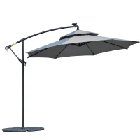 Outsunny 10FT Cantilever Patio Umbrella with Lights Solar Powered Offset Umbrella with Crank and Cross Base for Deck Light Grey(m-2)