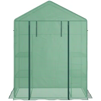 Outsunny Walk-in Mini Greenhouse with Mesh Door & Windows, Portable Garden Green House with 3 Tier Shelves, Water & UV Resistant PE Cover, Green(m-9)