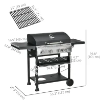 Outsunny 40,000 BTU Propane Gas Grill BBQ Cart with 4 Main Burners, 1 Side Burner, with Warming Rack, Side Prep Tables, Black(m-3)