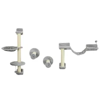 PawHut 4PCs Cat Wall Shelves with Hammock, Scratching Post, Ladder, Steps, Platforms, Toy Balls, Grey(m-2)