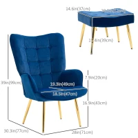 HOMCOM Modern Accent Chair with Ottoman, Upholstered Armchair with Footrest, Gold Metal Legs for Living Room, Bedroom, Dark Blue(m-3)