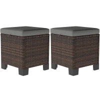 Outsunny 2 Piece Wicker Outdoor Ottomans with Cushions, Rattan Ottoman Footrest and Side Table for Patio, Yard, Poolside, Gray(m-1)