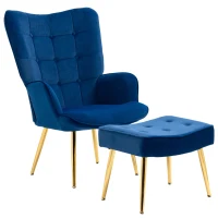 HOMCOM Modern Accent Chair with Ottoman, Upholstered Armchair with Footrest, Gold Metal Legs for Living Room, Bedroom, Dark Blue(m-11)