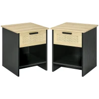 HOMCOM 2 Pieces Nightstands, Boho Bedside Tables with Drawer and Storage Shelf for Bedroom, Living Room, Black(m-11)