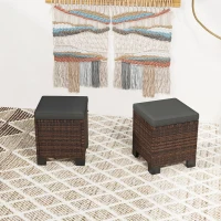 Outsunny 2 Piece Wicker Outdoor Ottomans with Cushions, Rattan Ottoman Footrest and Side Table for Patio, Yard, Poolside, Gray(m-9)