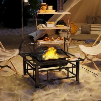 Outsunny 2-in-1 Outdoor Fire Pit Firepit with BBQ Grill Grate, Wood Fire Pit with Adjustable Foot Pads, Outer Ledge, Poker, Mesh Lid for Backyard Bonfire Picnic, Black(m-8)