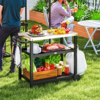 Outsunny 3-Shelf Outdoor Grill Dining Cart Pizza Oven Stand with Stainless Steel Top, Movable BBQ Food Prep Table Outdoor Kitchen Island with Hooks Wheels Handle, Charcoal Grey