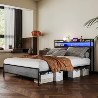 HOMCOM Queen Size Bed Frame with Storage Upholstered Headboard, Queen Bed Frame with LED Lights, Charging Station, Cement Gray(m-10)