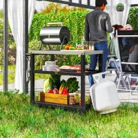 Outsunny 3-Shelf Outdoor Grill Dining Cart Pizza Oven Stand with Stainless Steel Top, Movable BBQ Food Prep Table Outdoor Kitchen Island with Hooks Wheels Handle, Charcoal Grey(m-8)