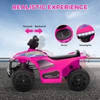 Qaba Kids ATV Quad, 6V Ride On Toy with Rechargeable Battery, Light, Music, Forward & Reverse for Toddlers, Pink(m-5)
