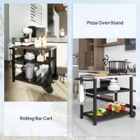 Outsunny 3-Shelf Outdoor Grill Dining Cart Pizza Oven Stand with Stainless Steel Top, Movable BBQ Food Prep Table Outdoor Kitchen Island with Hooks Wheels Handle, Charcoal Grey(m-9)