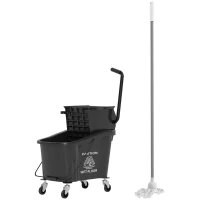 HOMCOM Mop Bucket with Wringer on Wheels for Floor Cleaning, 38 Quart Down Press Wringer with Handle, Black(m-1)