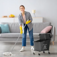 HOMCOM Mop Bucket with Wringer on Wheels for Floor Cleaning, 38 Quart Down Press Wringer with Handle, Black(m-2)