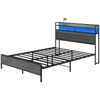 HOMCOM Queen Size Bed Frame with Storage Upholstered Headboard, Queen Bed Frame with LED Lights, Charging Station, Cement Gray(m-1)