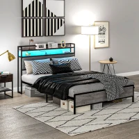 HOMCOM Queen Size Bed Frame with Storage Upholstered Headboard, Queen Bed Frame with LED Lights, Charging Station, Cement Gray(m-2)