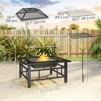 Outsunny 2-in-1 Outdoor Fire Pit Firepit with BBQ Grill Grate, Wood Fire Pit with Adjustable Foot Pads, Outer Ledge, Poker, Mesh Lid for Backyard Bonfire Picnic, Black(m-3)