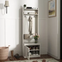 HOMCOM Narrow Hall Tree with Shoe Storage Bench, Rustic Entryway Bench with Coat Rack, Accent Coat Tree with Storage Shelves for Hallway, Mudroom, White Wood Grain(m-2)