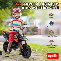 Qaba 12V Aprilia Licenced Kids Motorcycle with Training Wheels, Spring Suspension, LED Light, USB, Music, Red(m-4)